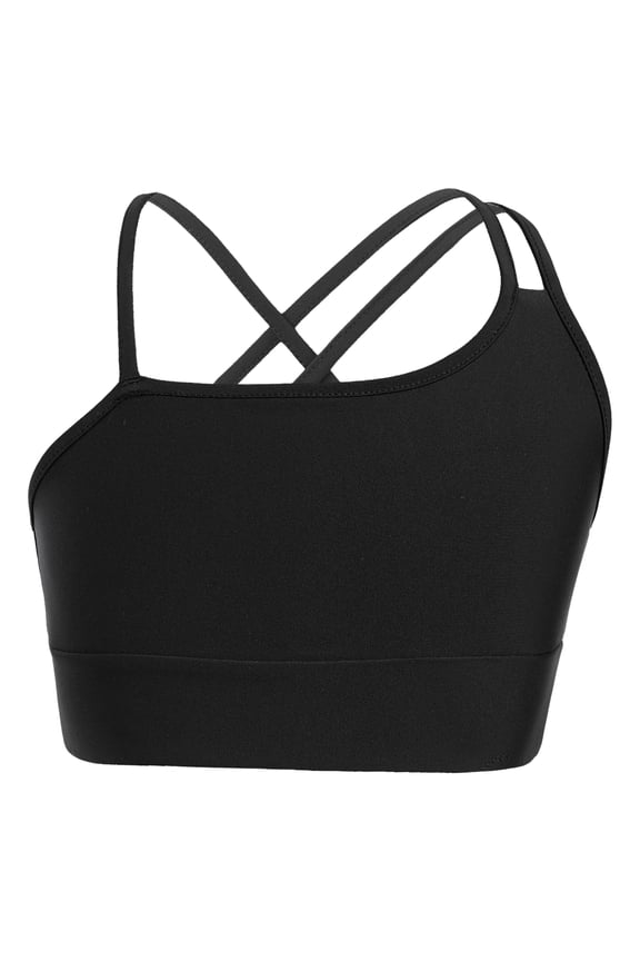 Kids Girls Seamless Training Sports Bra Gym Yoga Cheer Workout Asymmetrical Spaghetti Straps Black 10