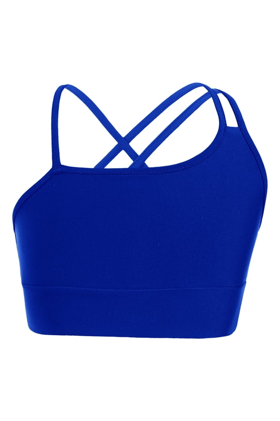 Kids Girls Seamless Training Sports Bra Gym Yoga Cheer Workout Asymmetrical Spaghetti Straps Royal Blue 6