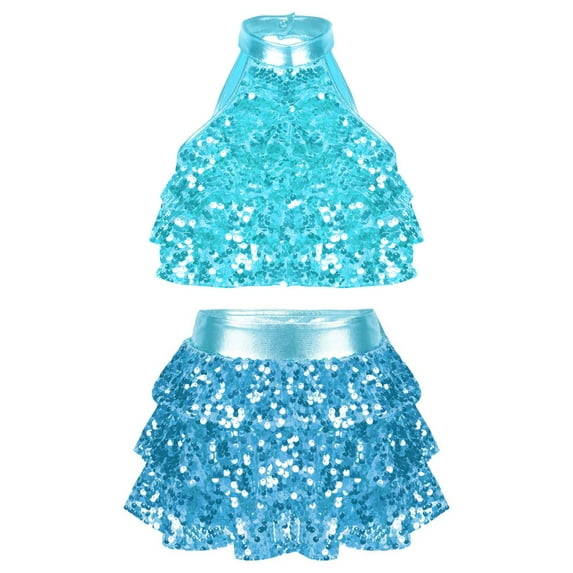 HULIJA Kids Girls Sequin Metallic Crop Top with Skirt Set Jazz Latin Dance Outfits 2 Piece Blue 14