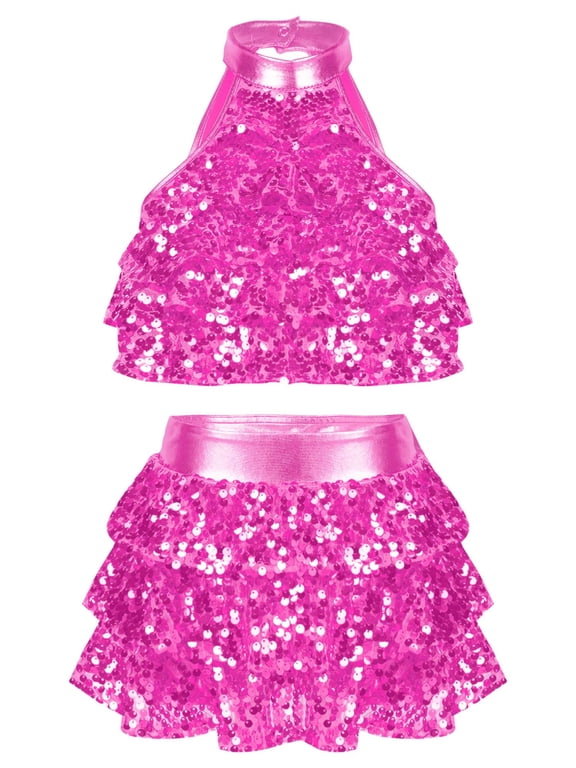 Kids Girls Sequin Metallic Crop Top with Skirt Set Jazz Latin Dance Outfits 2 Piece Hot Pink 12