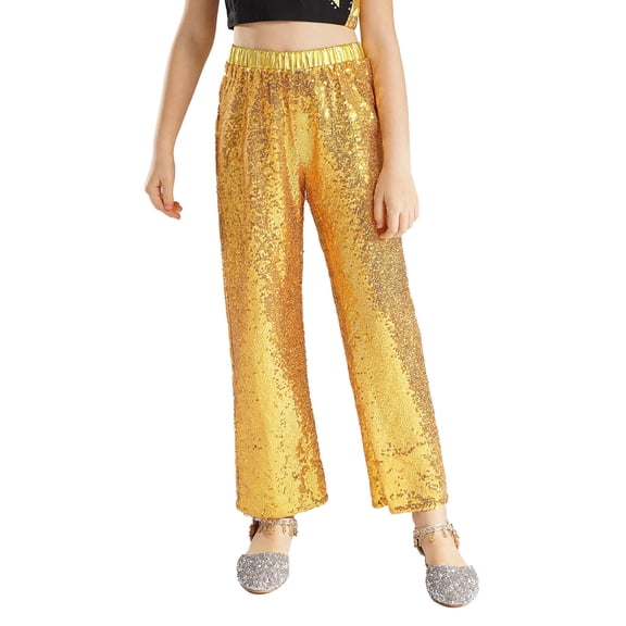 HULIJA Kids Girls Sequin Modern Jazz Dance Pants Disco Party Flared Trousers Wide Leg Bell Bottoms Gold 6