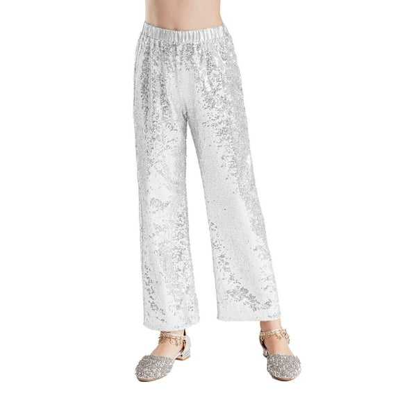 HULIJA Kids Girls Sequin Modern Jazz Dance Pants Disco Party Flared Trousers Wide Leg Bell Bottoms Silver 6