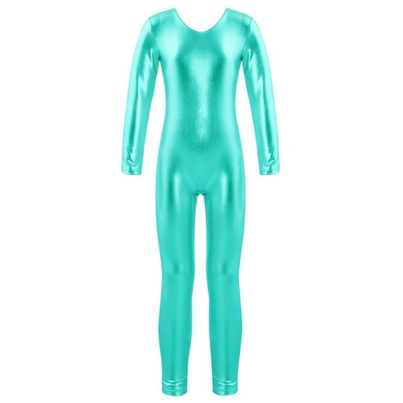 HULIJA Kids Girls Shiny Metallic Unitard Long Sleeves Ballet Dance Gymnastics Leotard Jumpsuit Full Lake Green 10