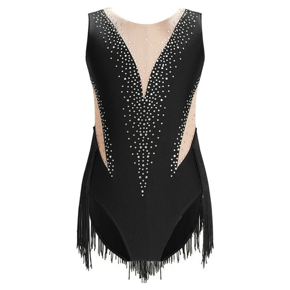 HULIJA Kids Girls Shiny Rhinestone Mesh Splice Gymnastics Dance Leotard Tassel Bodysuit Ice Skating Black 10