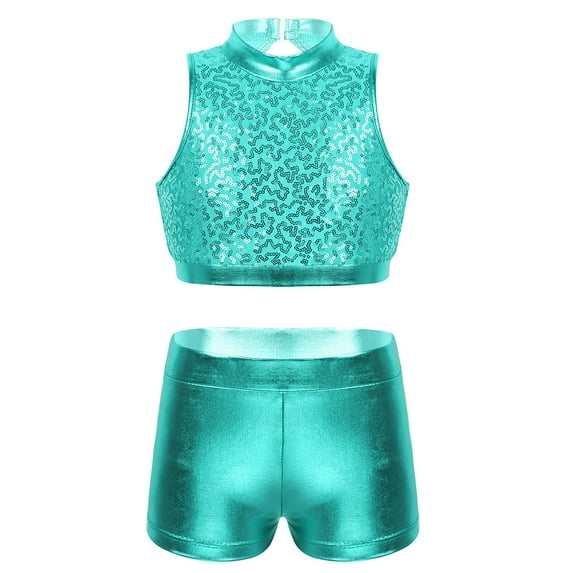 HULIJA Kids Girls Shiny Sequins Mock Neck Crop Top with Shorts Set Gymnastics Dancewear Lake Green 14