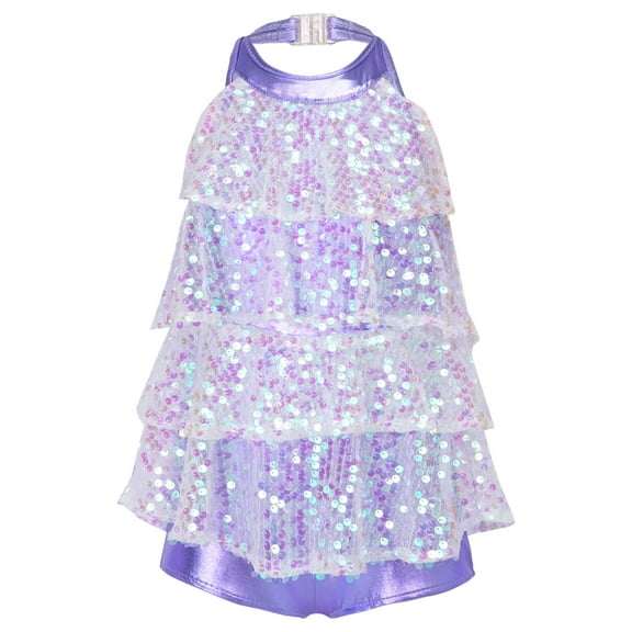 HULIJA Kids Girls Shiny Sequins Shorty Unitard Dress Latin Jazz Dance Costume Lavender 4