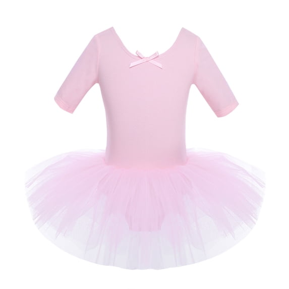 HULIJA Kids Girls Short Sleeves Cotton Tulle Skirted Ballet Leotards Tutu Dance Dress Ballerina Pink S
