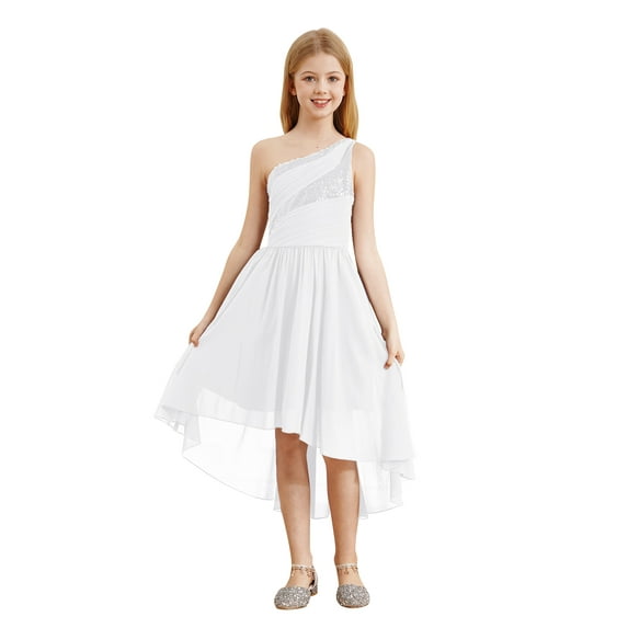 HULIJA Kids Girls Sleeveless Sequins Chiffon Junior Bridesmaid Dresses One Shoulder Flower Girl Silver 12