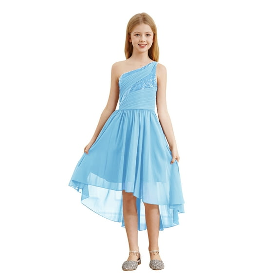 HULIJA Kids Girls Sleeveless Sequins Chiffon Junior Bridesmaid Dresses One Shoulder Flower Girl Sky Blue 10