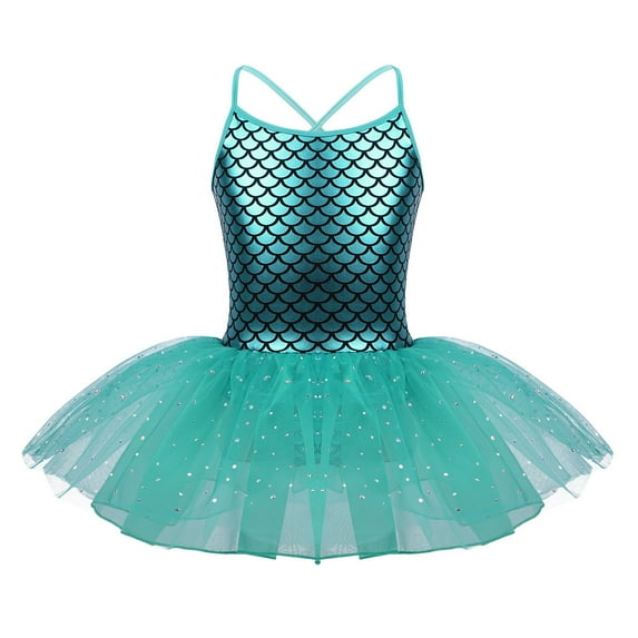 HULIJA Kids Girls Sleeveless Shiny Mermaid Scales Printed Criss Cross Back Ballet Dance Dress Lake_Blue 8