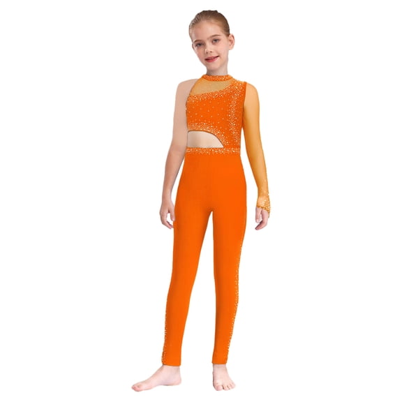 HULIJA Kids Girls Spakrly Rhinestones Gymnastics Unitards One Sleeve Sheer Mesh Figure Skating Jumpsuit Orange 10