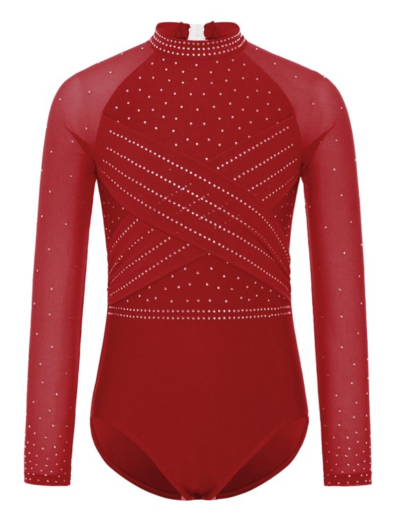 Kids Girls Sparkly Rhinestone Gymnastics Leotard Long Sleeves Dance Unitard Ballet Sports Bodysuit Dancewear Burgundy 16