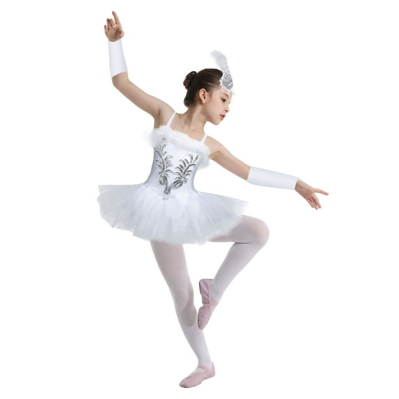 HULIJA Kids Girls Swan Ballerina Costume Sequins Ballet Dance Tutu Dress Leotard with Gloves Hair White 12