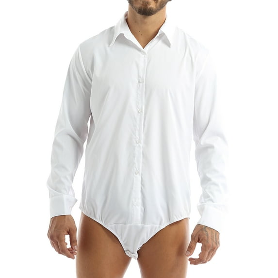 HULIJA Men Button Down Dress Shirts Long Sleeves Turn-down Collar Gym Casual Bodysuit Leotard White L