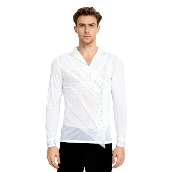 HULIJA Men Rhinestones V-Neck Long Sleeve Pullover Latin Tango Rumba Dance Shirt Blouse White M