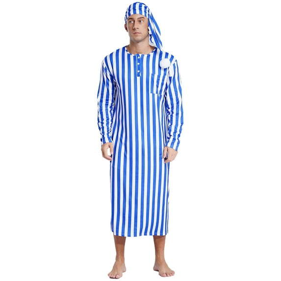 HULIJA Men's Henley Sleep Shirt Nightgown Striped Big&Tall Long Sleeve Nightshirt with Night Hat Royal Blue L
