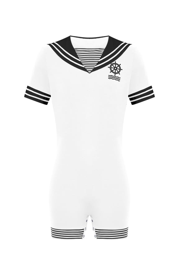 Mens Sailor Collar Bodysuit Buttoned Crotch Jumpsuit Short Sleeve One Piece Romper Pajama White M