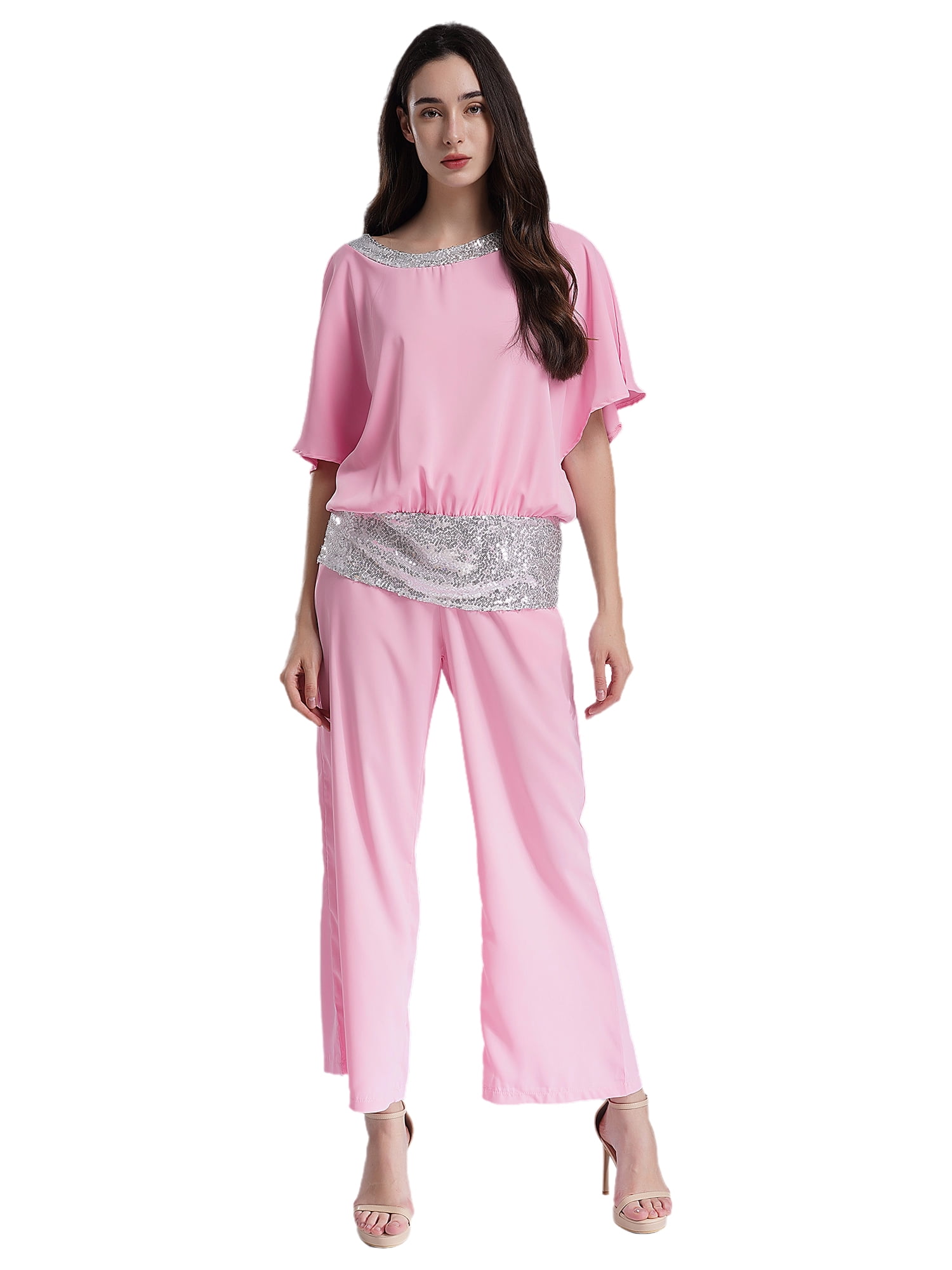 HULIJA Mother of The Bride Pant Suits for Wedding Elegant Outfit Blouse Top with Wide Leg Pants Set Pink S