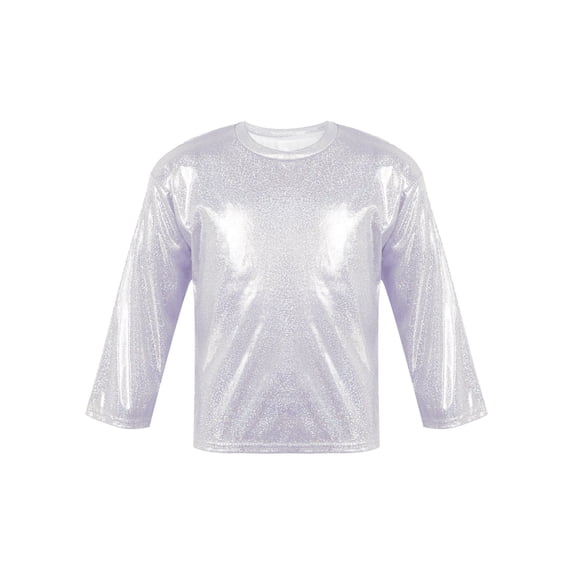 HULIJA Shiny Shirts for Boys and Girls Long Sleeve Round Neck T-Shirts Jazz Hip Hop Dance Tops Casual Silver 100