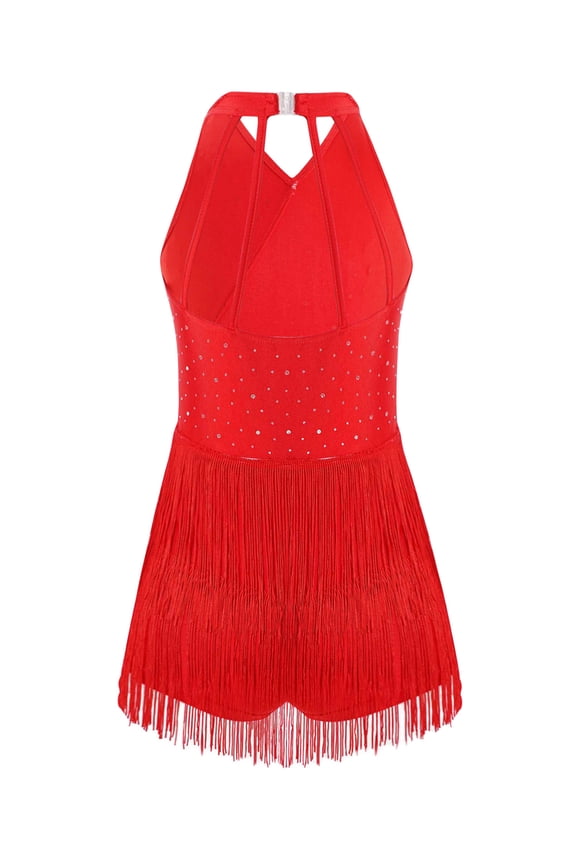 Tiered Tassels Rhinestones Latin Dance Leotard Dress for Girls Sleeveless Backless Jazz Cha Cha Dancewear Red 16