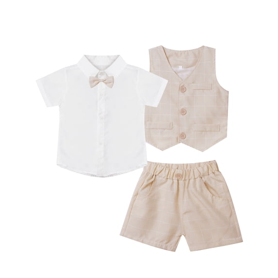HULIJA Toddler Baby Boy Formal Outfit Dress Shirt with Short Vest Set Wedding Birthday Formal Suit Beige 110