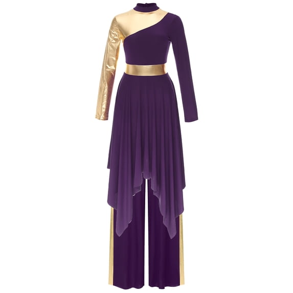 HULIJA Women 2 Piece Lyrical Dance Dress Long Sleeve Overlays Top Dresses with Wide Leg Pants Purple XXL