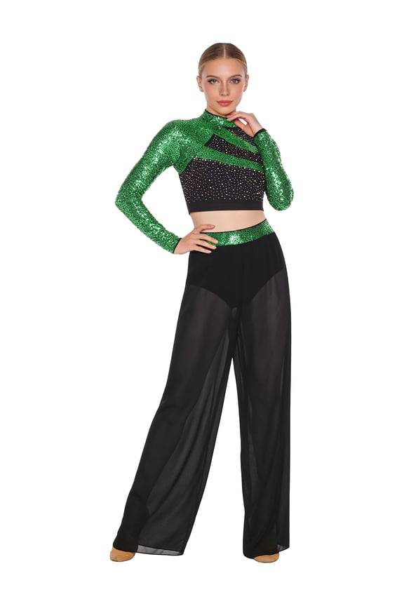 Women 2 Piece Lyrical Dance Outfit Long Sleeve Sequin Crop Top Sheer Chiffon Pants Ballroom Dancewear Light Green S