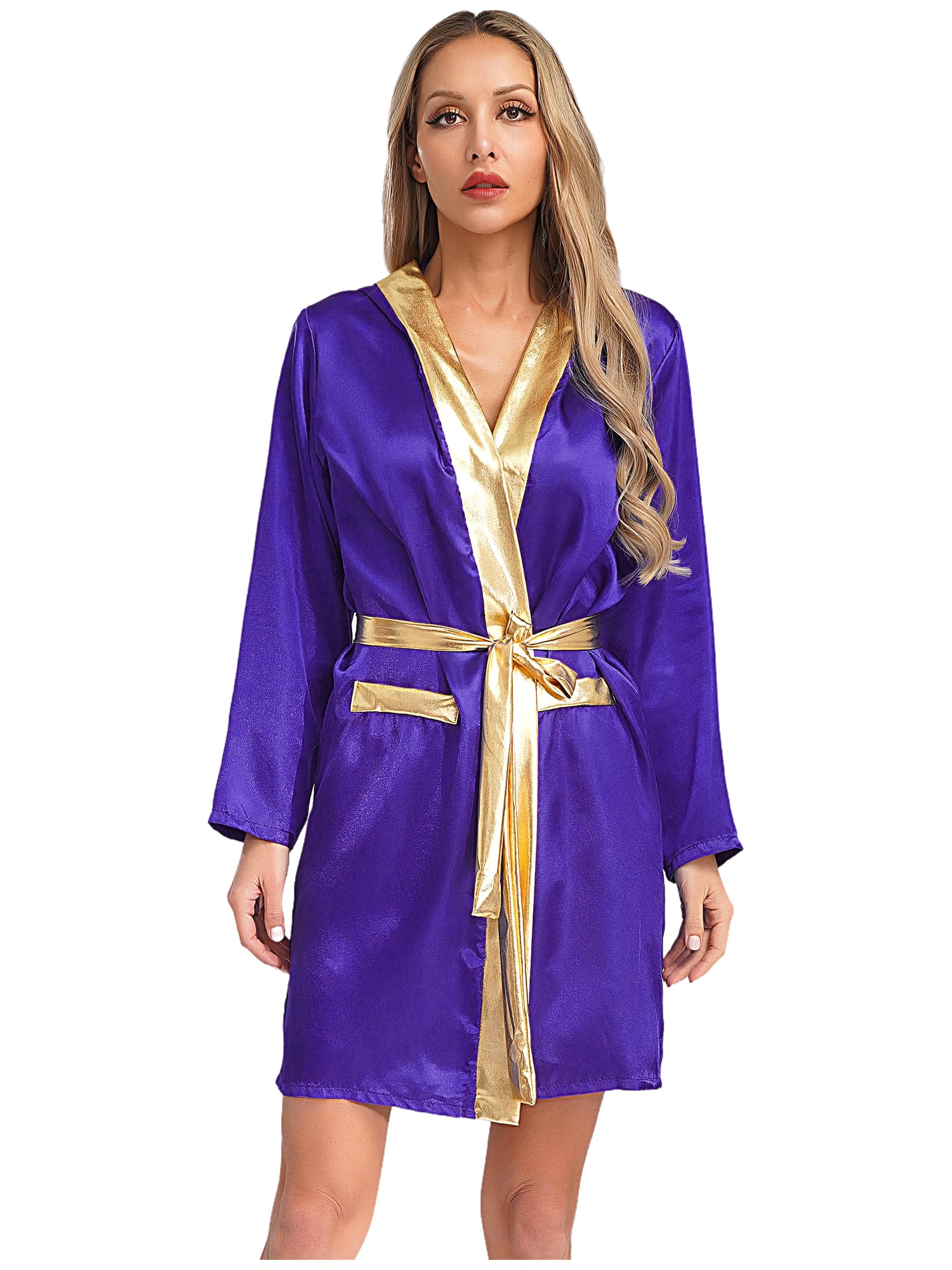 HULIJA Women Boxing Robe Long Sleeve Open Front Metallic Trim Satin ...