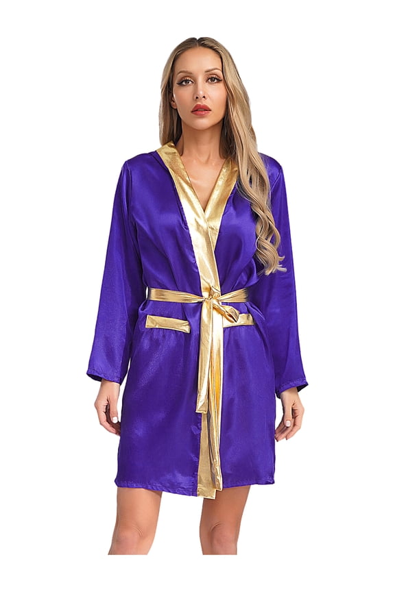 Women Boxing Robe Long Sleeve Open Front Metallic Trim Satin Hooded Cloak Purple 14
