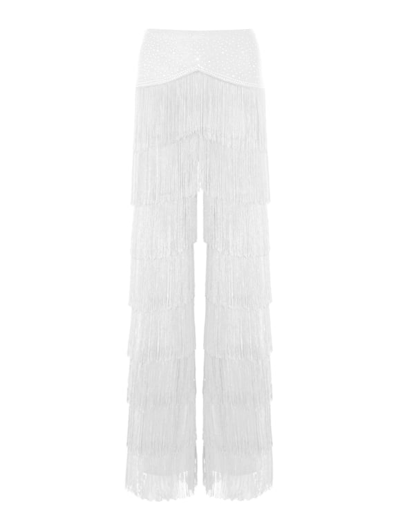 Women Elastic Waist Latin Salsa Layered Tassel Straight-leg Pants White S