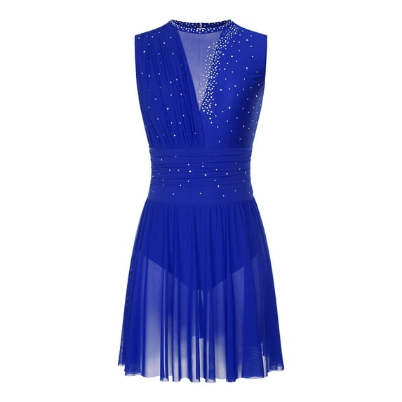 HULIJA Women Glitter Rhinestone Figure Skating Dress Sleeveless Ballet Leotard Dance Dress Blue M