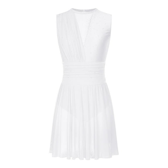 HULIJA Women Glitter Rhinestone Figure Skating Dress Sleeveless Ballet Leotard Dance Dress White M