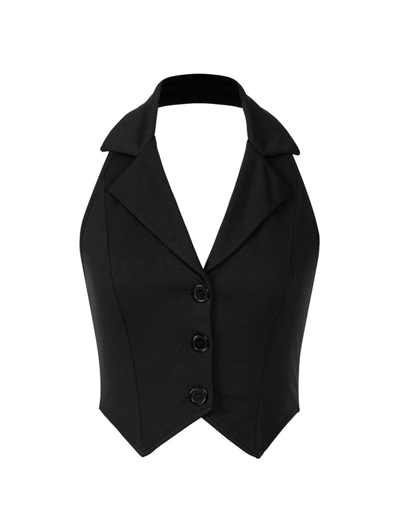 Women Halter Neck Notch Lapel Vest Backless Button Up Crop Tops Waistcoat Black XXL