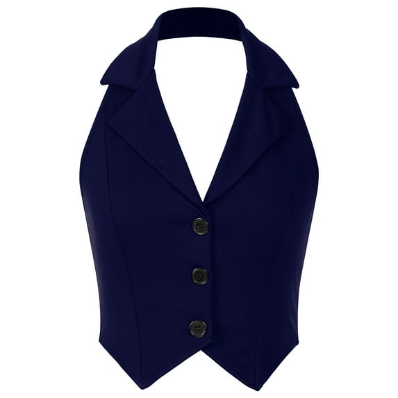 HULIJA Women Halter Neck Notch Lapel Vest Backless Button Up Crop Tops Waistcoat Navy Blue S