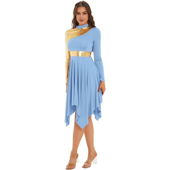 HULIJA Women Liturgical Dancewear Praise Dance Dress Color Block Worship Costume Light Blue L
