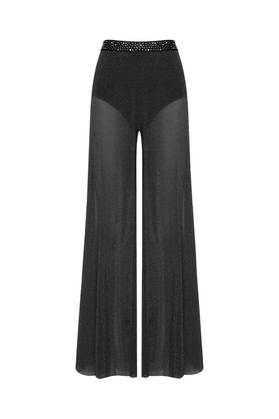 Women Lyrical Dance Pant Contemporary Dancewear Rhinestone Waist Wide-leg Mesh Pants Black S