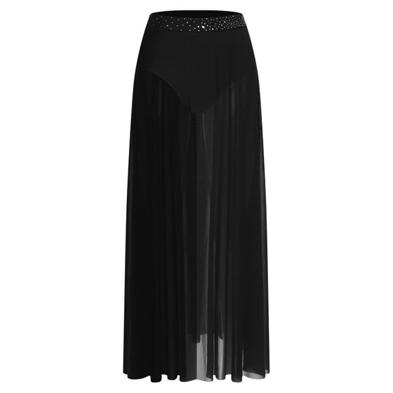 HULIJA Women Lyrical Dance Skirt Chiffon Figure Skating Dance Skirts Black L