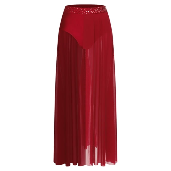 HULIJA Women Lyrical Dance Skirt Chiffon Figure Skating Dance Skirts Burgundy XL