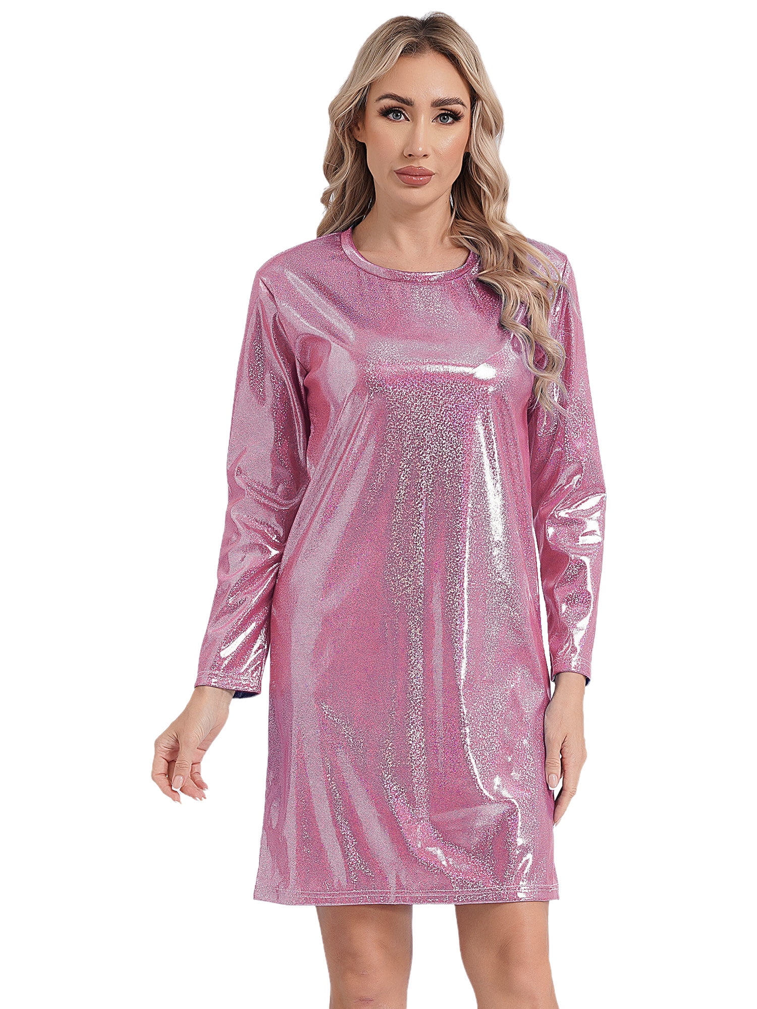 pink metallic long sleeve dress Metallic Long Sleeve Dress in Pink