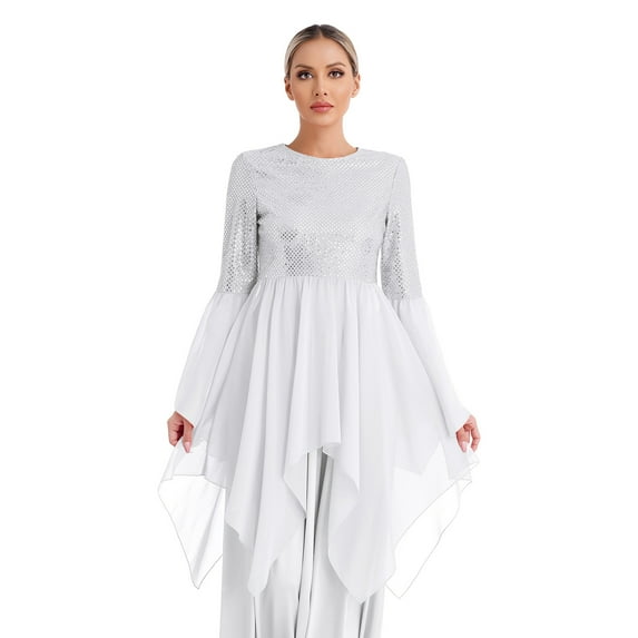 HULIJA Women Shiny Sequins Patchwork High Low Praise Dance Dress Church Prayer Clothes White M