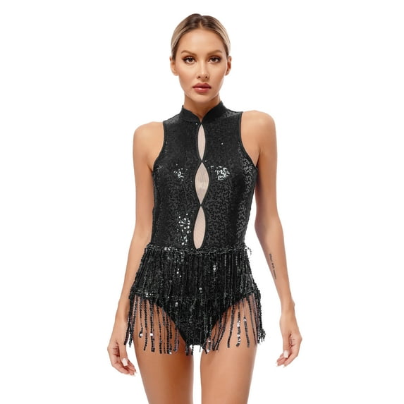 HULIJA Women Shiny Sequins Tassel Latin Jazz Dance Leotard Bodysuit Black XL