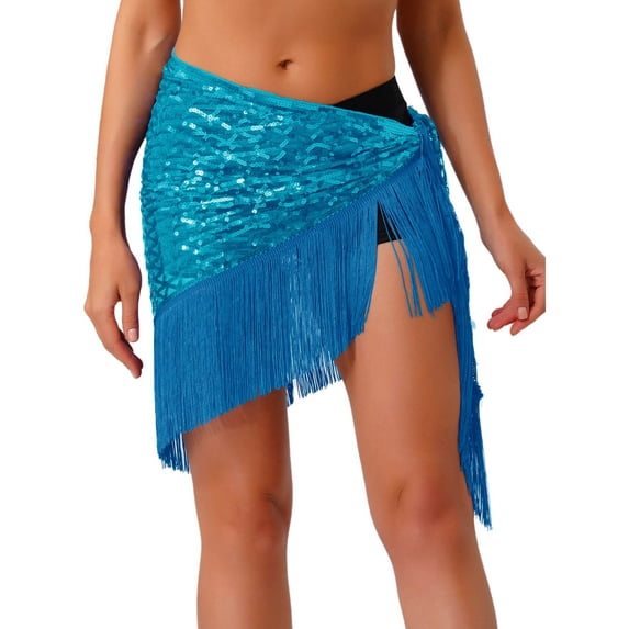 HULIJA Women's Belly Dance Hip Scarf Glittery Sequin Fringe Triangle Short Skirt Latin Jazz Dance Skirts Sky Blue One Size