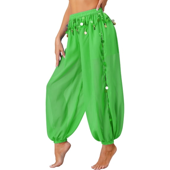 HULIJA Women's Belly Dance Trousers Side Split Sequin Shiny Harem Pants Green One Size