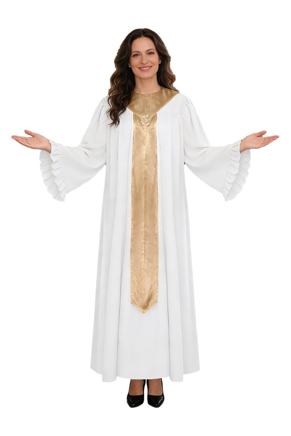 Women's Color Block Robes Choir Robe Ruffled Trim Maxi Dress White S