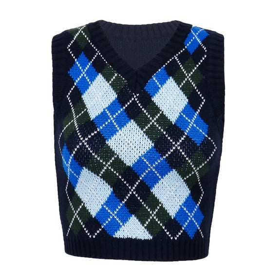 HULIJA Women's Fashion Argyle Plaid Knitted Vest Sweater Vintage Sleeveless Waistcoat Chic Tops Blue S