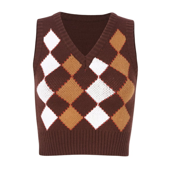 HULIJA Women's Fashion Argyle Plaid Knitted Vest Sweater Vintage Sleeveless Waistcoat Chic Tops Brown M