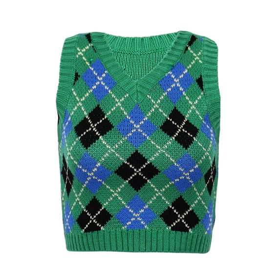 HULIJA Women's Fashion Argyle Plaid Knitted Vest Sweater Vintage Sleeveless Waistcoat Chic Tops Green M