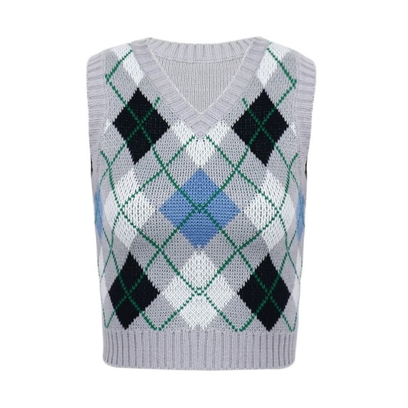 HULIJA Women's Fashion Argyle Plaid Knitted Vest Sweater Vintage Sleeveless Waistcoat Chic Tops Grey L