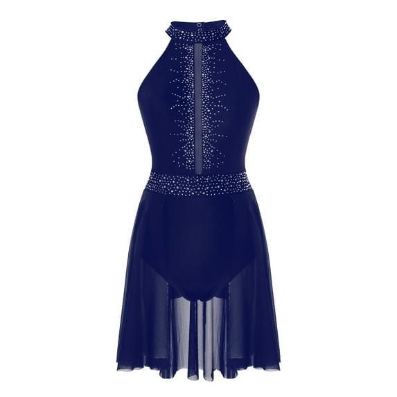 HULIJA Women's Lyrical Ballet Dance Dress Shiny Rhinestone Figure Skating Leotard Dress Navy Blue S