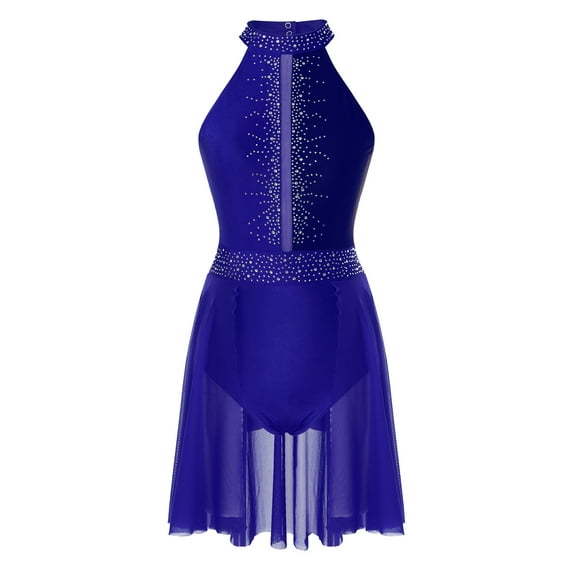 HULIJA Women's Lyrical Ballet Dance Dress Shiny Rhinestone Figure Skating Leotard Dress Royal Blue M